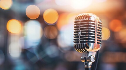 Close-up of microphone on stand in soundproof recording studio, positioned in front of script stand, symbolizing voice acting and audio production.