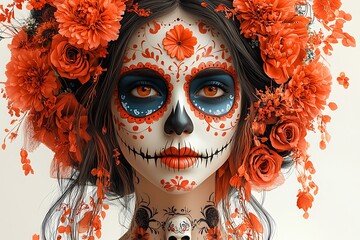 Individual with Vibrant Face Paint Surrounded by Flowers.
