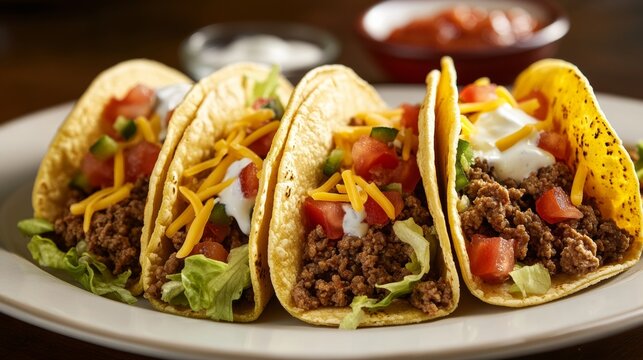 A delicious plate of beef tacos with seasoned ground beef, shredded lettuce, diced tomatoes