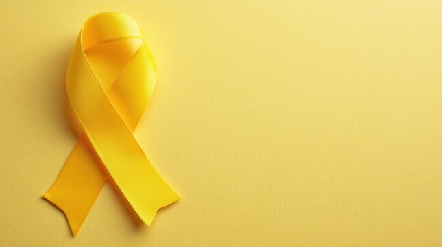 Yellow ribbon on textile background with copy space for endometriosis awareness microencephaly or suicide prevention