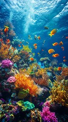 Fototapeta premium Vibrant Underwater Scene with Coral Reef and Colorful Fish