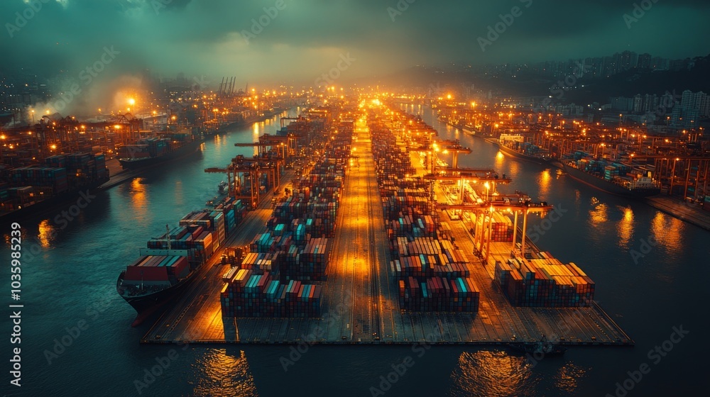 Aufkleber The bustling shipping port is alive at dusk, showcasing illuminated cranes and colorful containers neatly arranged along the dock, with reflections shimmering in the water.