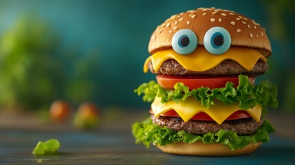 Cheeseburger with Googly Eyes on a Blue Background. - Powered by Adobe