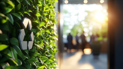 Recycling symbol on green wall in modern office