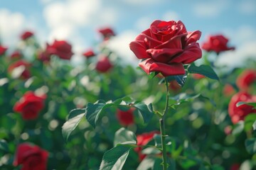 Obraz premium Red roses bloom in the summer in the country garden