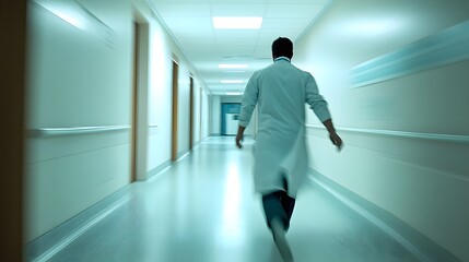 Doctor in a lab coat Emergency doctor rushing through a hospital corridor, focus on urgency and emergency care, focus on, intense theme, dynamic, Blend mode, hospital emergency lane