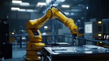 Engineer calibrating robotic arm in advanced manufacturing facility