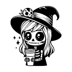 Cute vector illustration of a skeleton girl wearing a witch hat, holding a coffee cup with a skull accessory, perfect for Halloween-themed designs.