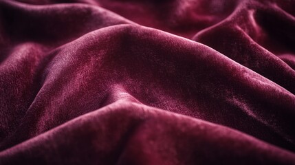 Obraz premium A close-up shot of a sumptuous burgundy velvet fabric, showcasing its soft, plush texture and rich color. The fabric is gently draped, creating subtle folds and curves that highlight its luxurious qua
