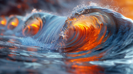 Abstract wave structure, organic patterns, flowing stream, 3D fractal surface, translucent foam. Dynamic liquid texture, seamless water flow. sunset over the ocean