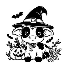Cute vector illustration of a cute cow wearing a witch hat, sitting next to a jack-o’-lantern with bats flying around, perfect for Halloween designs.