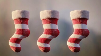 Three red and white striped socks are suspended in the air
