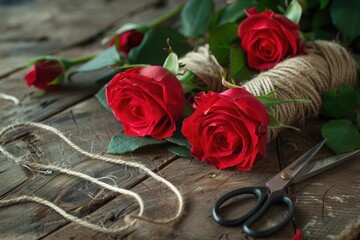 red roses twine scissors on wood table