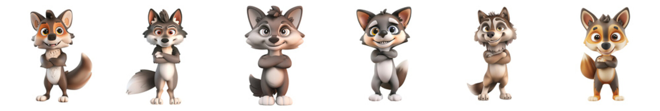 Cute little wolf  mascot posing, 3D cartoon illustration, isolated on white background, cute animated style, beautiful colors, generative ai