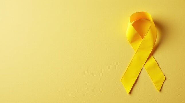 Yellow ribbon on textile background with copy space for endometriosis awareness microencephaly or suicide prevention
