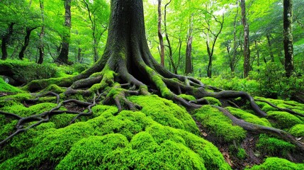 Obraz premium Moss Covered Tree Roots in a Lush Forest