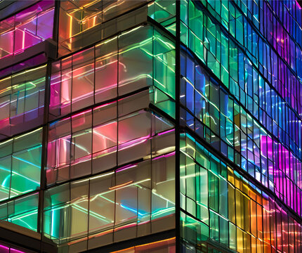 Modernos rascacielos iluminados por luces de colores.