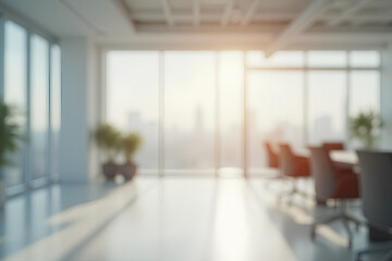 Beautiful blurred background of a light modern office interior with panoramic windows and beautiful lighting.