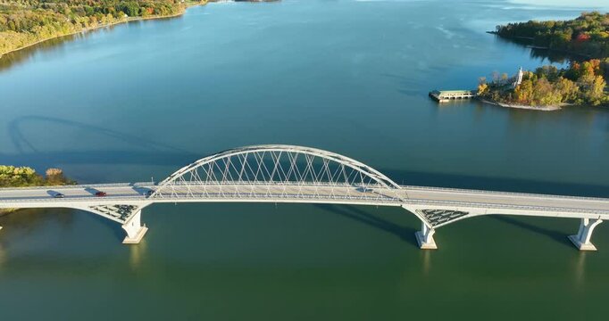 Aerial view of the Lake Champlain Bridge connecting Crown Point, New York, to Vermont.