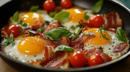 A delicious and satisfying breakfast of fried eggs, crispy bacon, and juicy tomatoes, all cooked to perfection in a sizzling skillet. This classic combination is perfect for a hearty start to the day.