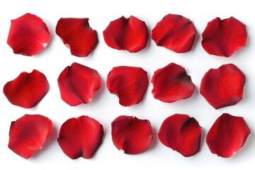 Set of 16 red rose petals on white background