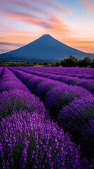 Naklejka premium Breathtaking Lavender Field at Sunset with Vibrant Purple Blooms and Majestic Mountain in Background for Tranquil Nature and Aromatherapy Concepts, Generative AI
