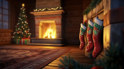 A fireplace with a Christmas tree in the background