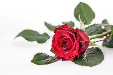 Single red rose on white background.