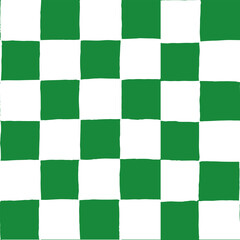 Seamless vector repeat pattern with hand drawn checkerboard in green and white, uneven organic edges. Green checkers for St Patrick day, spring, Kelly green for packaging, fabric, fashion, stationery