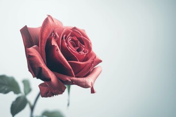 Single red rose on white background.