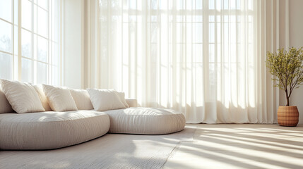 Fototapeta premium A clean, modern living space with neutral colors, sunlight filtering through large windows, casting soft shadows.
