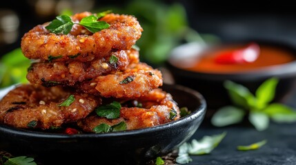 Fototapeta premium Golden-brown fritters are stacked neatly in a black bowl, garnished with fresh herbs, and set against a dark, lush background with a hint of spicy sauce in the distance.