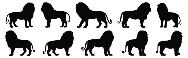 Lion silhouettes set, animal pack of vector silhouette design, isolated background.