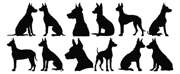 Doberman silhouettes set, dog pack of vector silhouette design, isolated background