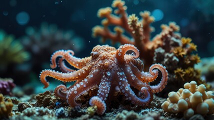 Obraz premium A vibrant red octopus with its tentacles curled up, perched among colorful coral reefs in the ocean.