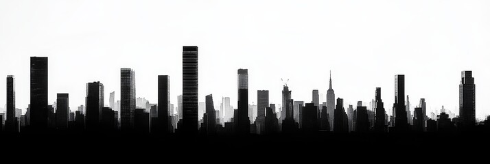 A dramatic black and white silhouette of a city skyline, showcasing a range of architectural styles and heights, symbolizing urban growth, modernity, and the human impact on the environment.