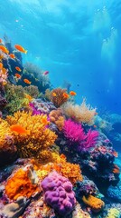 Naklejka premium Vibrant Coral Reef Underwater Scene with Tropical Fish