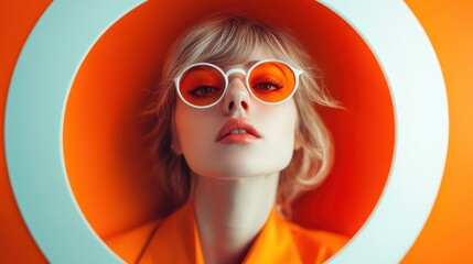 A striking portrait of a woman confidently posed in a circular frame, her orange sunglasses and background creating a bold yet sophisticated fashion statement.