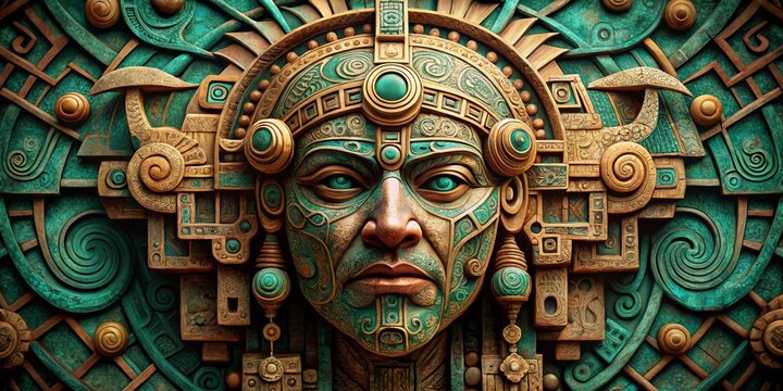 Ancient Mayan Deity A Digital Sculpture in Gold and Turquoise, Mayan Art, Deity, Sculpture