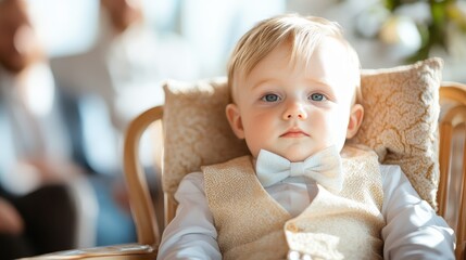 Fototapeta premium A cute baby boy dressed in elegant attire, complete with a bow tie, sits with a curious expression, capturing a timeless moment of innocence and style indoors.