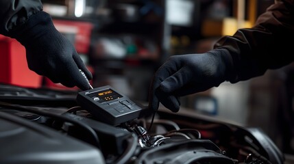 A focused mechanic in a workshop repairs a car engine, showcasing technical skills and expertise in automotive maintenance and vehicle repair