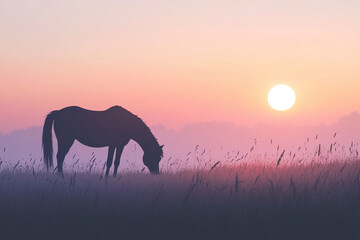 Fototapeta premium Grazing Horse in the Countryside with Sunrise