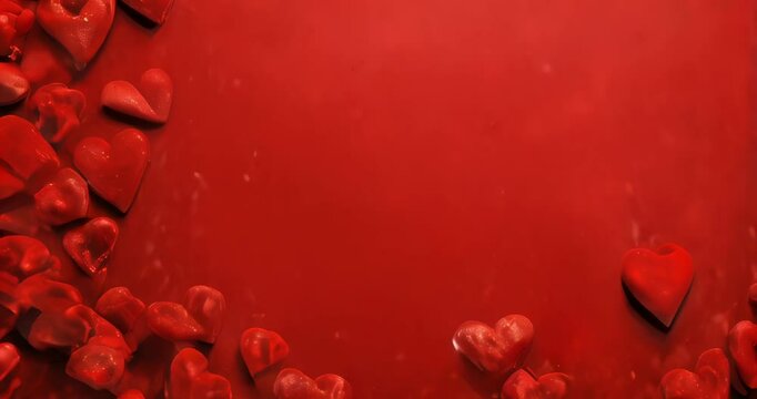 Red textile hearts on paper monocolor background. Happy Valentine's Day top view greeting card with copy space for text. Hearts frame abstract background, flat lay. Hearts Love pattern