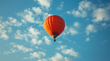 Fototapeta premium A single orange hot air balloon floats in a clear blue sky with puffy white clouds.