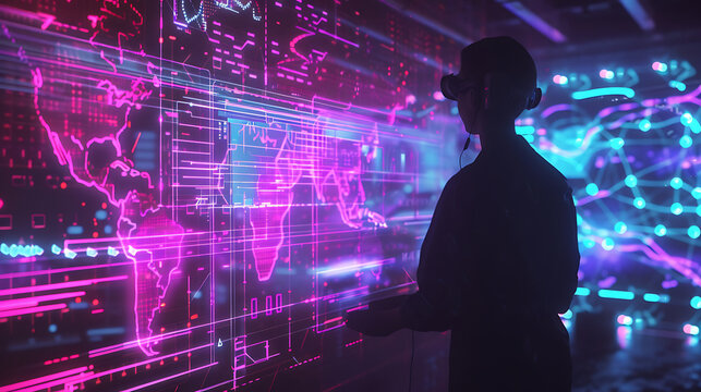 A person wearing a VR headset stands in front of a large screen with a glowing map and lines.