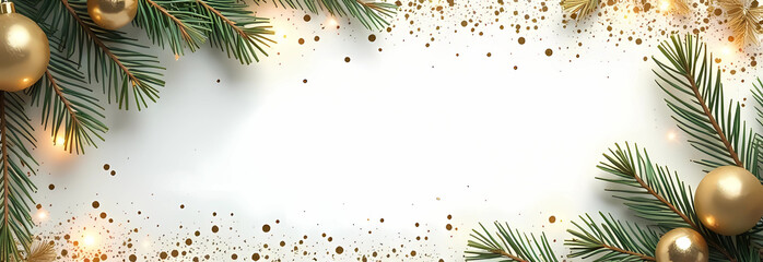 Christmas decorations border with fir branches and golden glitter confetti and sparkles of lights blur bokeh and white background