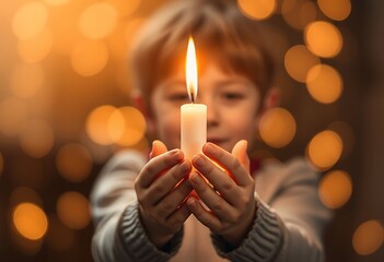 Boy Holding Lit Candle Hope Warmth Light Christmas Festive Child Hands Flame Holi
