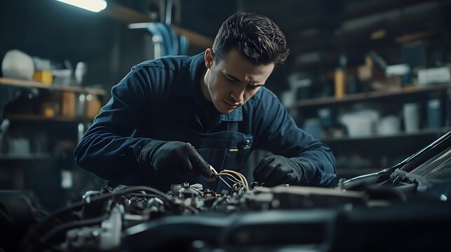 A focused mechanic in a workshop repairs a car engine, showcasing technical skills and expertise in automotive maintenance and vehicle repair