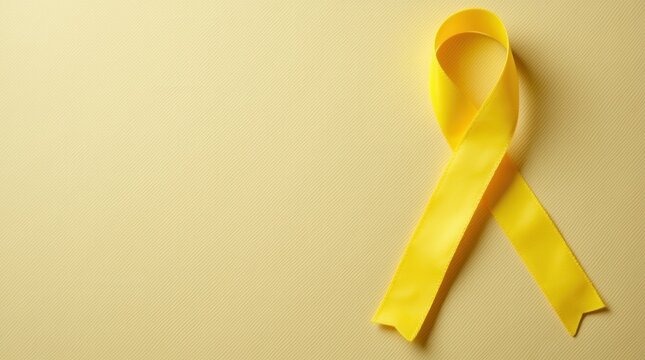 Yellow ribbon on textile background with copy space for endometriosis awareness microencephaly or suicide prevention