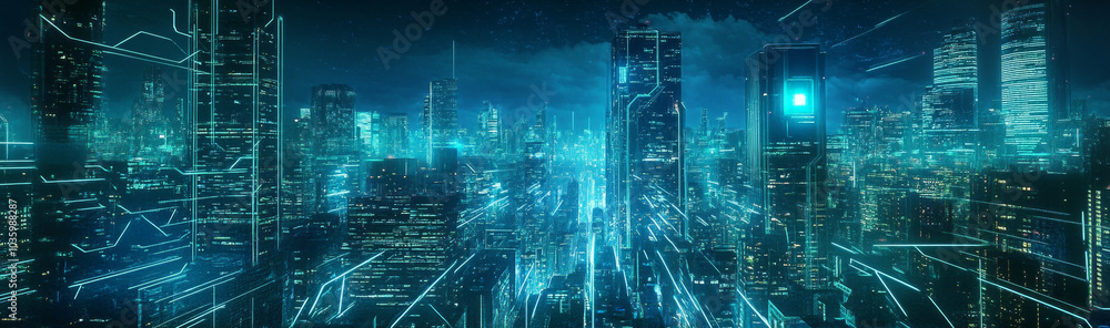 Poster a futuristic cityscape powered by ai, with glowing lines representing interconnected networks and te